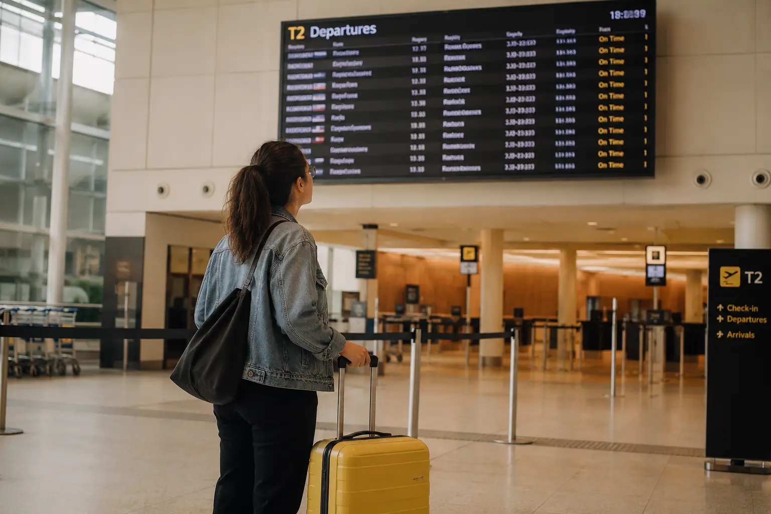 Woman with suitcase in modern terminal