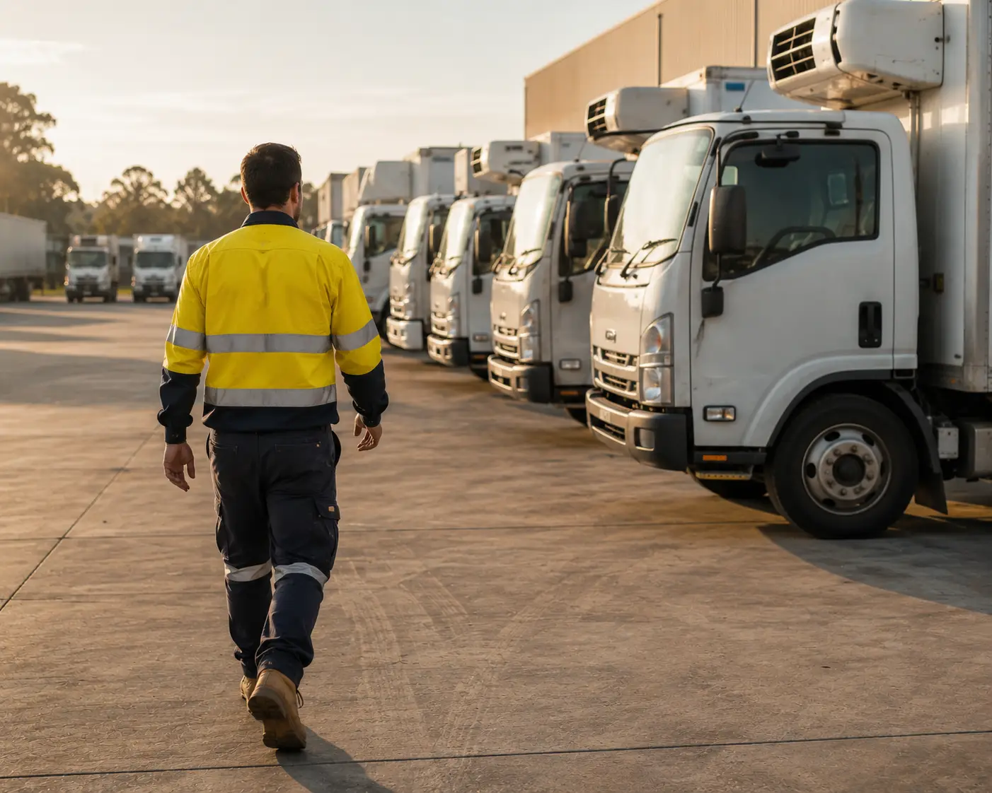 Worker heading towards parked trucks at sunset
