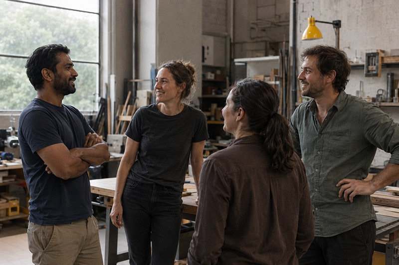 Casual discussion in a creative workshop