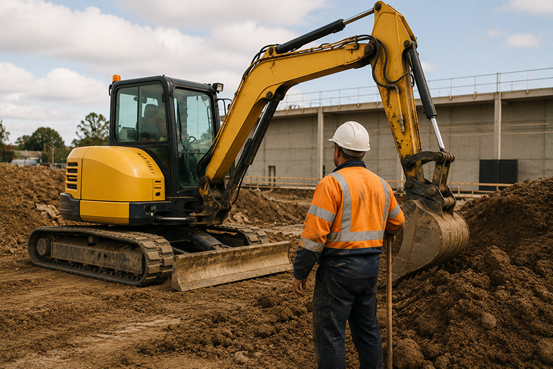 Construction site with excavator and worker