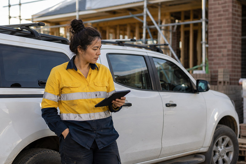 Construction site worker with tablet