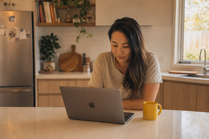 Cozy kitchen workspace with laptop