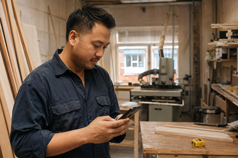 Craftsman checking phone in workshop