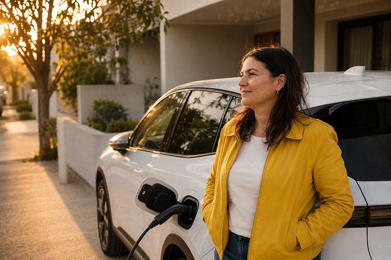 Electric car charging at sunset