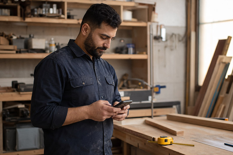 Focused craftsman in a busy workshop