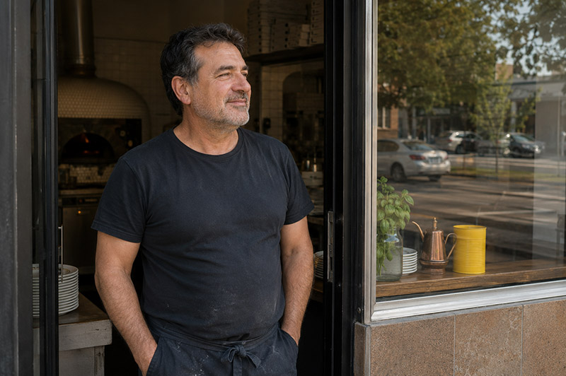 Friendly chef at shop entrance