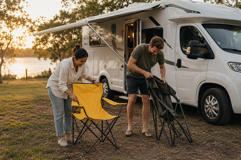 Relaxed lakeside camping at sunset