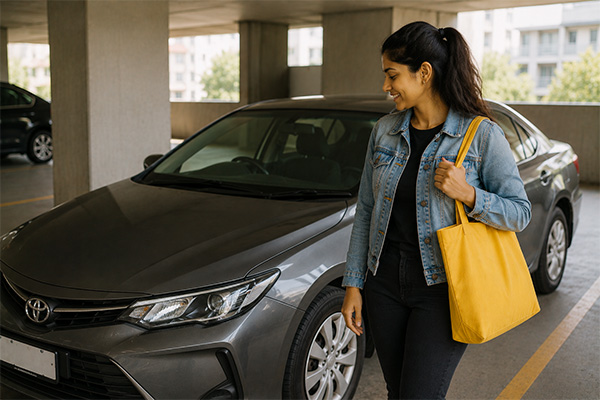 Smiling by the parked car
