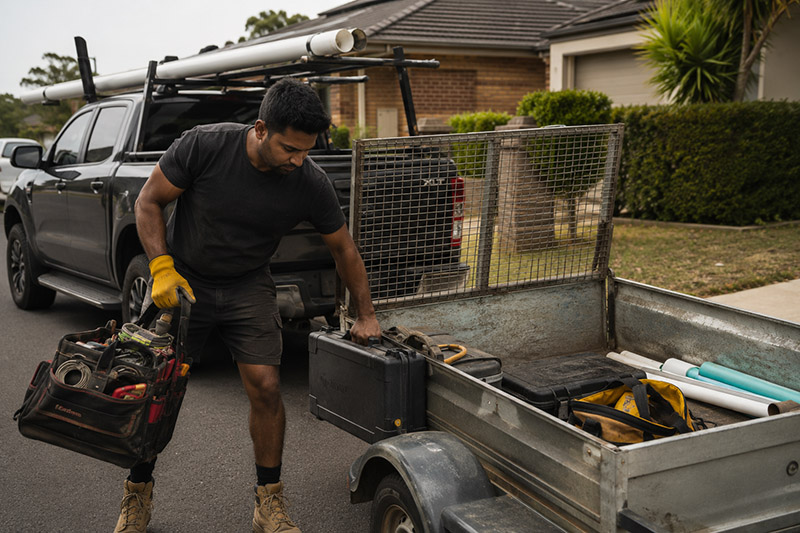 Suburban worksite with tools and trailer